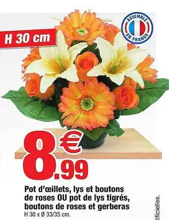 Pot d'œillets, lys et boutons de roses ou pot de lys tigrés, boutons de roses et gerberas