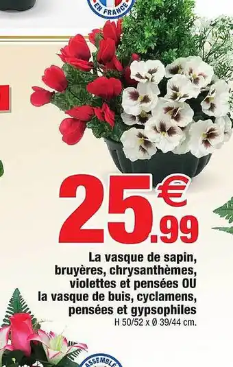 Bazarland La vasque de sapin, bruyères, chrysanthèmes, violettes et pensées ou la vasque de buis, cyclamens, pensées et gypsophiles offre