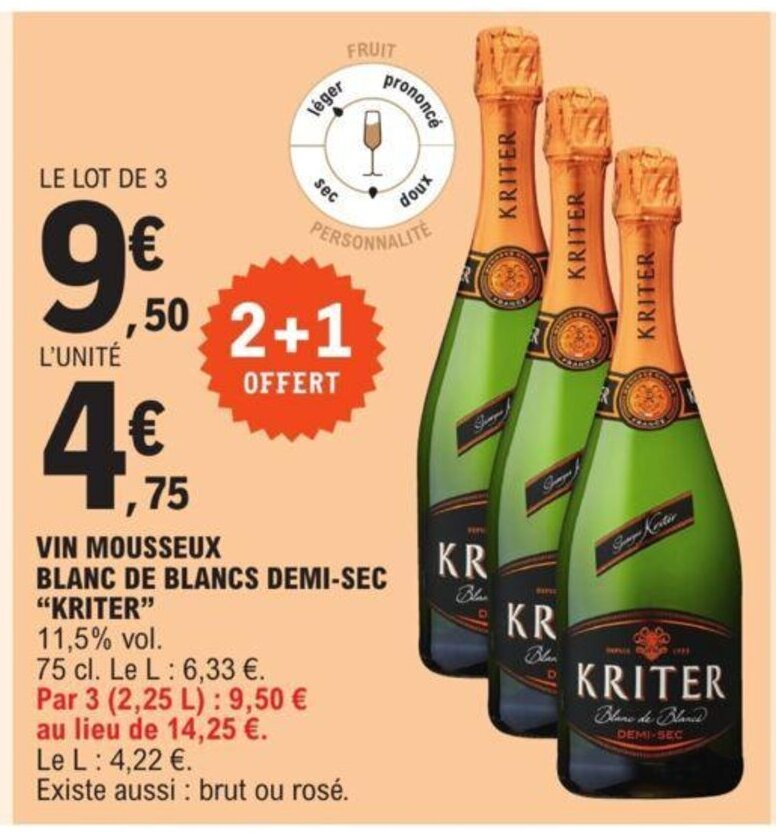 Promo Vin Mousseux Blanc De Blancs DemiSec "Kriter" chez E.Leclerc