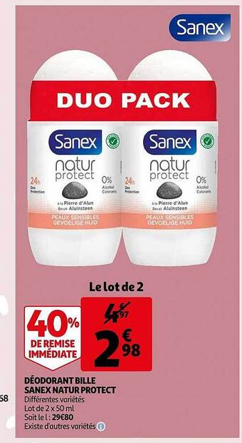 Auchan Déodorant bille sanex natur protect offre