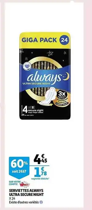 Auchan Serviettes always ultra secure night offre