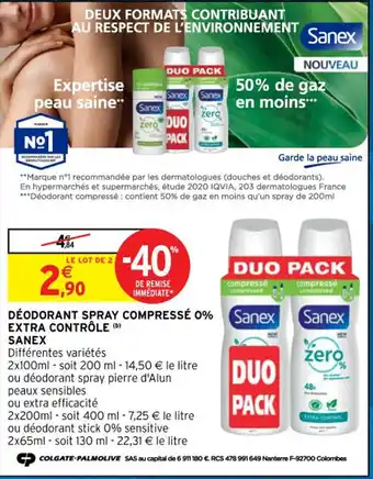 Intermarché Déodorant Spray Compressé 0% Extra Controle Sanex offre