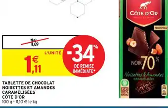 Intermarché Tablette de Chocolat Noisettes et Amandes Caramélisées Cote D'Or offre