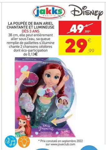Stokomani La poupée de bain ariel chantante et lumineuse des 3 ans offre