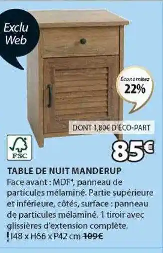 JYSK Table de nuit manderup offre