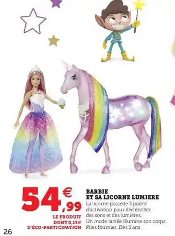 Hyper U Barbie et sa licorne lumière offre