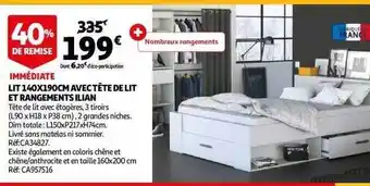 Auchan Lit 140x190 cm avec tête de lit et rangements ilian offre