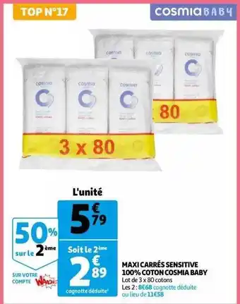 Auchan Maxi carrés sensitive 100% coton cosmia baby offre