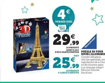 Hyper U Puzzle 3d tour eiffel illuminer ravensburger offre