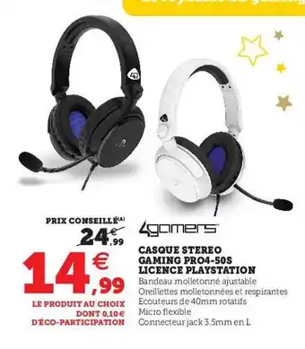 Hyper U Casque stéréo gaming pro4-50s licence playstation offre