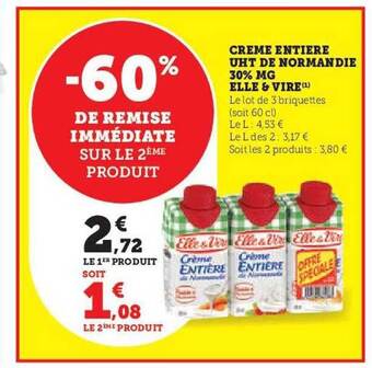 Hyper U Crème entière uht de normandie 30% mg elle & vire offre