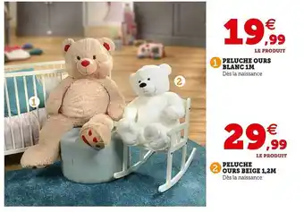 Hyper U Peluche ours blanc 1 m, peluche ours beige 1,2 m offre