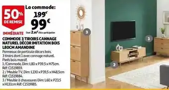 Auchan Commode 3 tiroirs cannage naturel décor imitation bois l 80 cm amandine offre