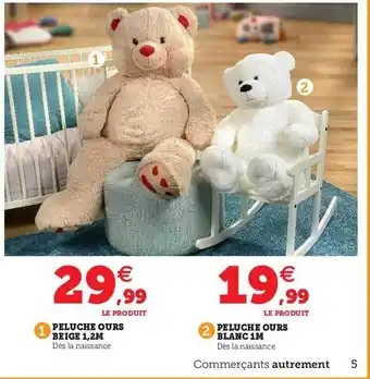 Hyper U Peluche ours beige 1,2m, peluche ours blanc 1m offre