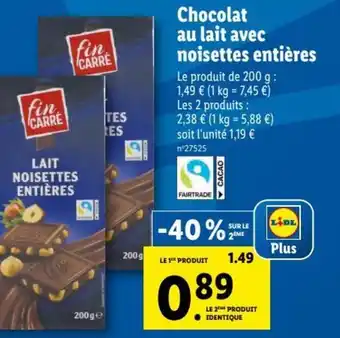 Lidl Chocolat au Lait Avec Noisettes Entières offre