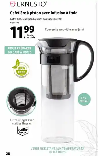 Lidl Cafetière à Piston Avec Infusion à Froid offre