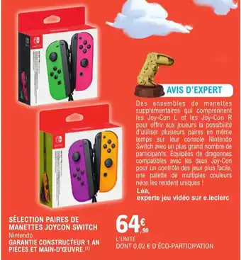 E.Leclerc Espace Culturel Selection Paires de Manettes Joycon Switch offre