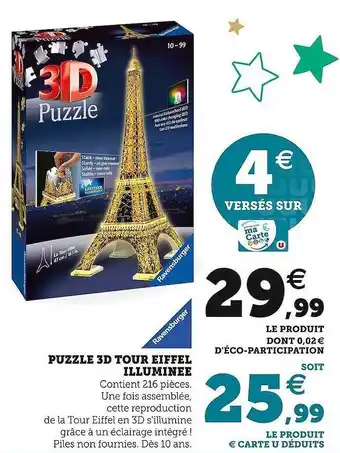 Hyper U Puzzle 3d tour eiffel illuminée ravensburger offre