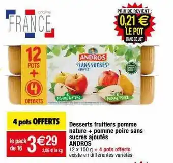 Desserts fruitiers pomme nature + pomme poire sans sucres ajoutés andros