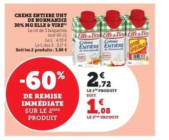 Super U Crème entière uht de normandie 30% mg elle & vire offre