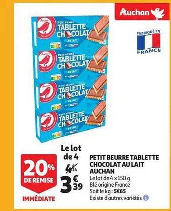 Auchan Petit beurre tablette chocolat au lait auchan offre