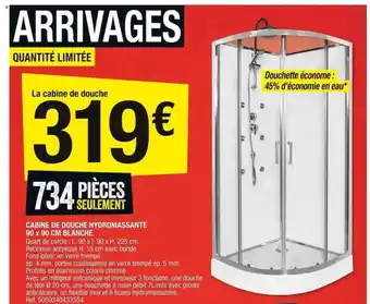 Brico Dépôt Cabine de douche hydromassante 90 x 90 cm blanche offre