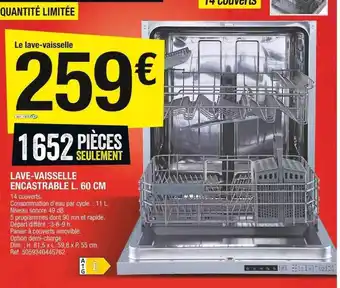 Brico Dépôt Lave-vaisselle encastrable l. 60 cm offre