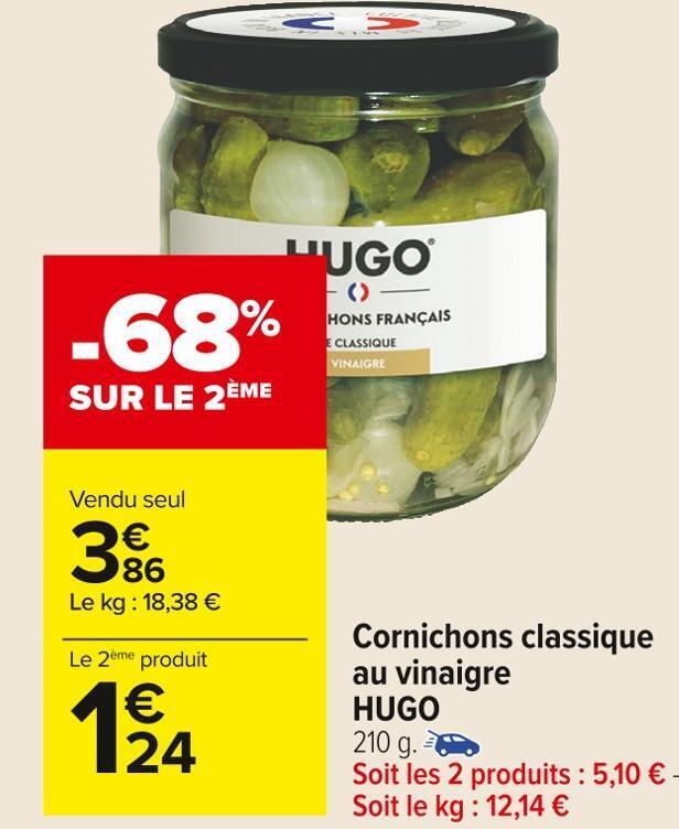 Promo Hugo cornichons classique au vinaigre chez Carrefour Market