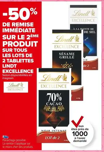 Lindt -50% de remise immédiate sur le 2Úme produit sur tous les lots de 2 tablettes lindt excellence