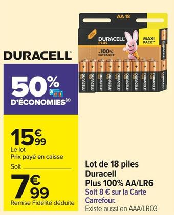 Carrefour Market Duracell lot de 18 piles plus 100% aa/lr6 offre