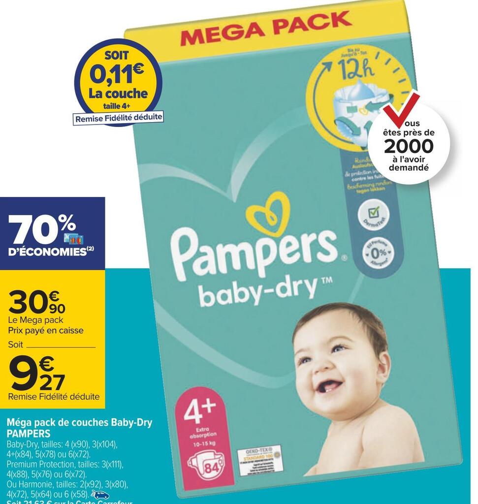 Promo Pampers méga pack de couches babydry chez Carrefour