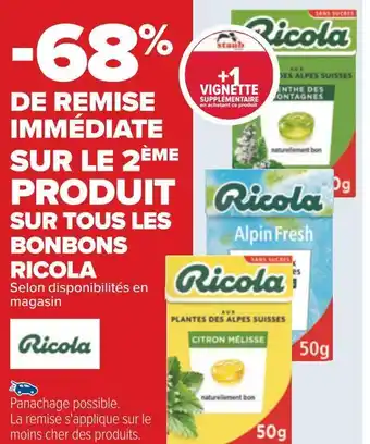 Carrefour Ricola -68% de remise immédiate sur le 2ème produit sur tous les bonbons ricola offre
