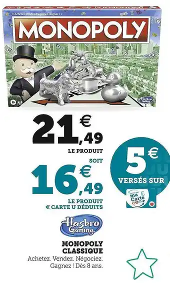 Hyper U Hasbro gaming monopoly classique offre
