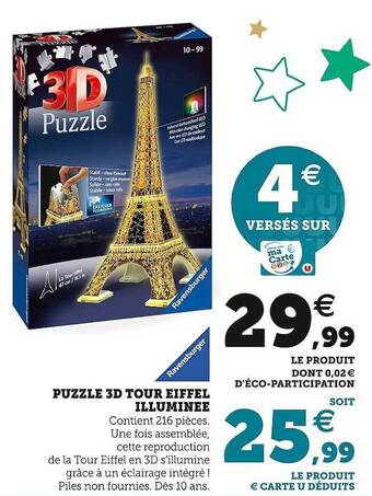 Hyper U Ravensburger puzzle 3d tour eiffel illuminée offre