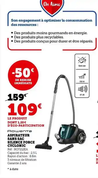 Hyper U Rowenta aspirateur sans sac silence force cyclonic offre