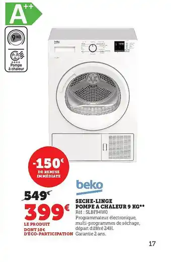 Super U Sèche-linge pompe chaleur 9 kg beko offre