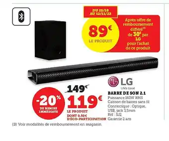 Super U Barre de son 2.1 lg offre