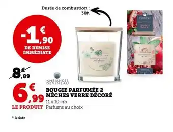 Super U Bougie parfumée 2 mèches verre décoré ambiances devineau offre