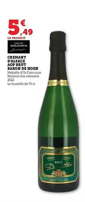 Super U Crémant d'alsace aop brut baron de hoen offre