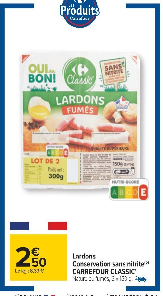 Promo Lardons Conservation Sans Nitrite chez Carrefour