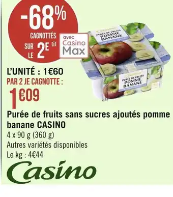 Géant Casino Casino purée de fruits sans sucres ajoutés pomme banane offre