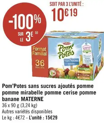Géant Casino Materne pom’potes sans sucres ajoutés pomme mirabelle pomme cerise pomme banane offre