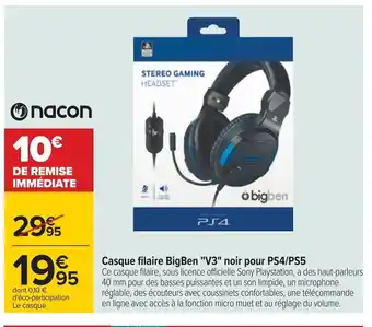 Carrefour Casque Filaire BigBen "V3" noir Pour PS4/PS5 offre