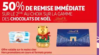Auchan Supermarché Lindt 50% de remise immédiate sur le 2ème sur la gamme des chocolats de noël de la marque lindt offre