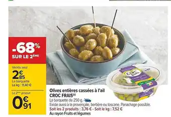 Carrefour Olives entières cassées à l'ail croc frais offre