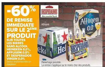Carrefour Bières sans alcool heineken 0,0%, affligem 0,0% et desperados virgin 0,0% offre
