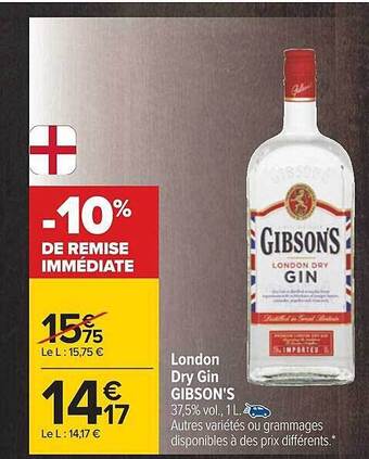 Carrefour London dry gin gibson's offre
