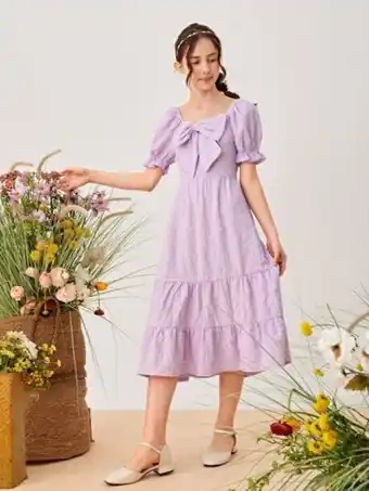 Shein fille adolescente robe manches évasées à nœud papillon à volants texturé