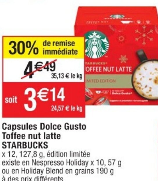 Promo Capsules Dolce Gusto Toffee Nut Latte Starbucks chez Cora