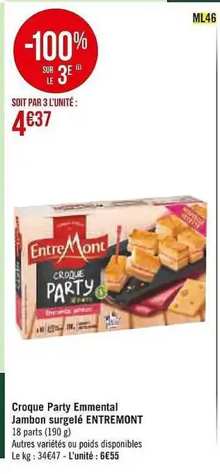 Casino Supermarchés Croque party emmental jambon surgelé entremont offre